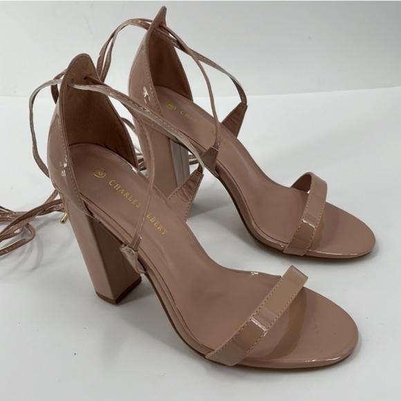 Charles Albert Faux Patent Leather High Block Heel Wrap Nude Tan Heels Strappy 8 - Picture 1 of 8